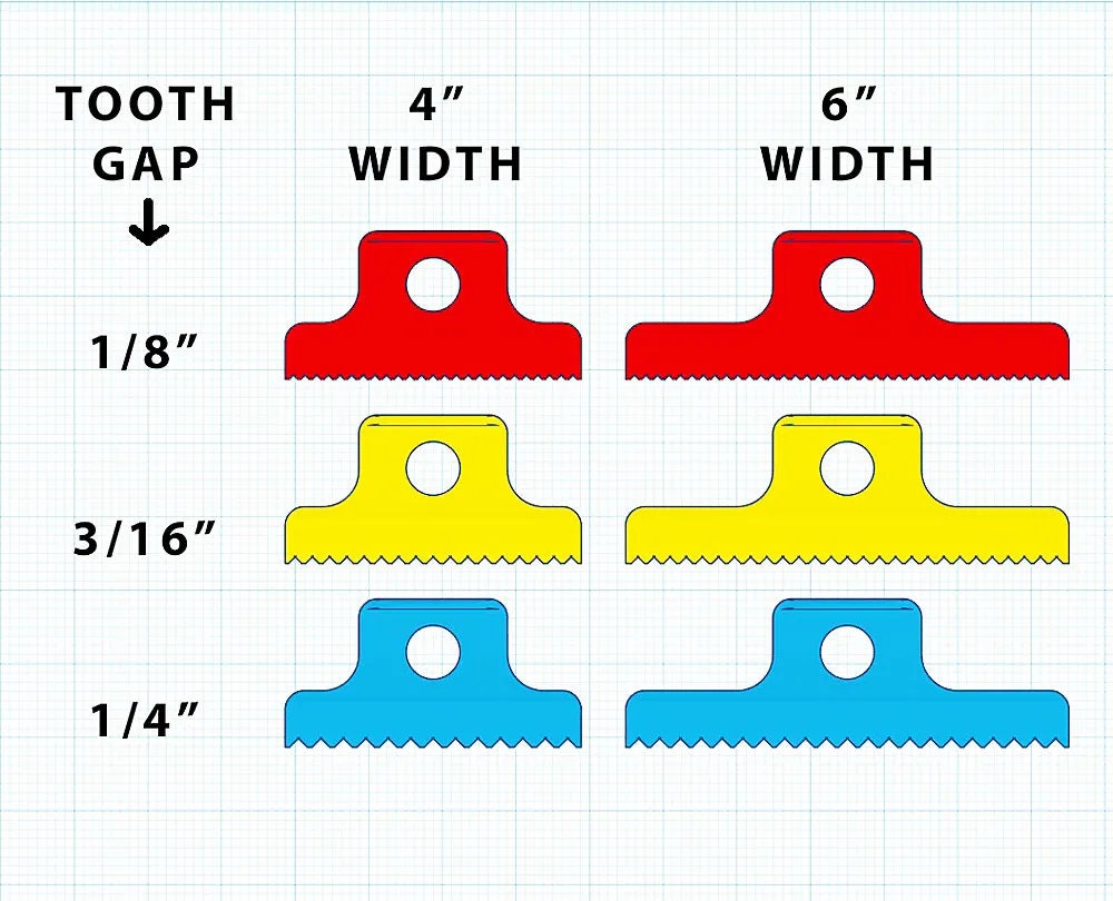 Ergonomic Wood Glue Spreader - 4" and 6" Widths, Multiple Teeth Options, Lightweight & Durable for Woodworking Tasks - Pack of 6