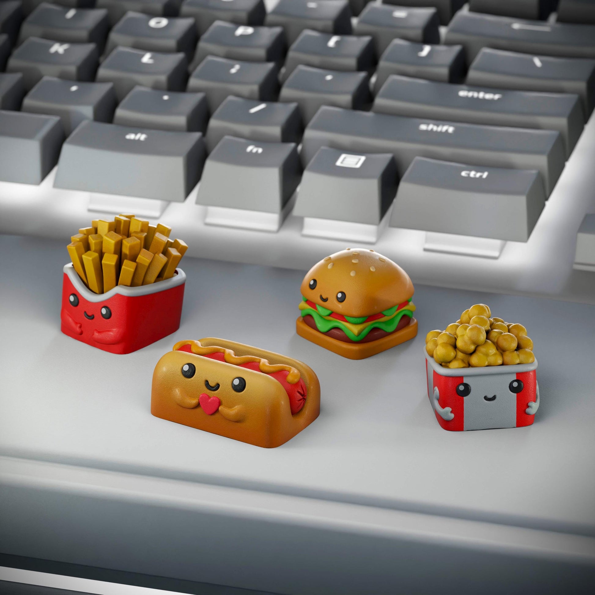 Handmade Cute Fast Food Keycaps, Burger, Fries, Popcorn, Hot Dog Keycaps for Cherry MX - Cute Custom Artisan Gift - Keycap Set for Him & Her