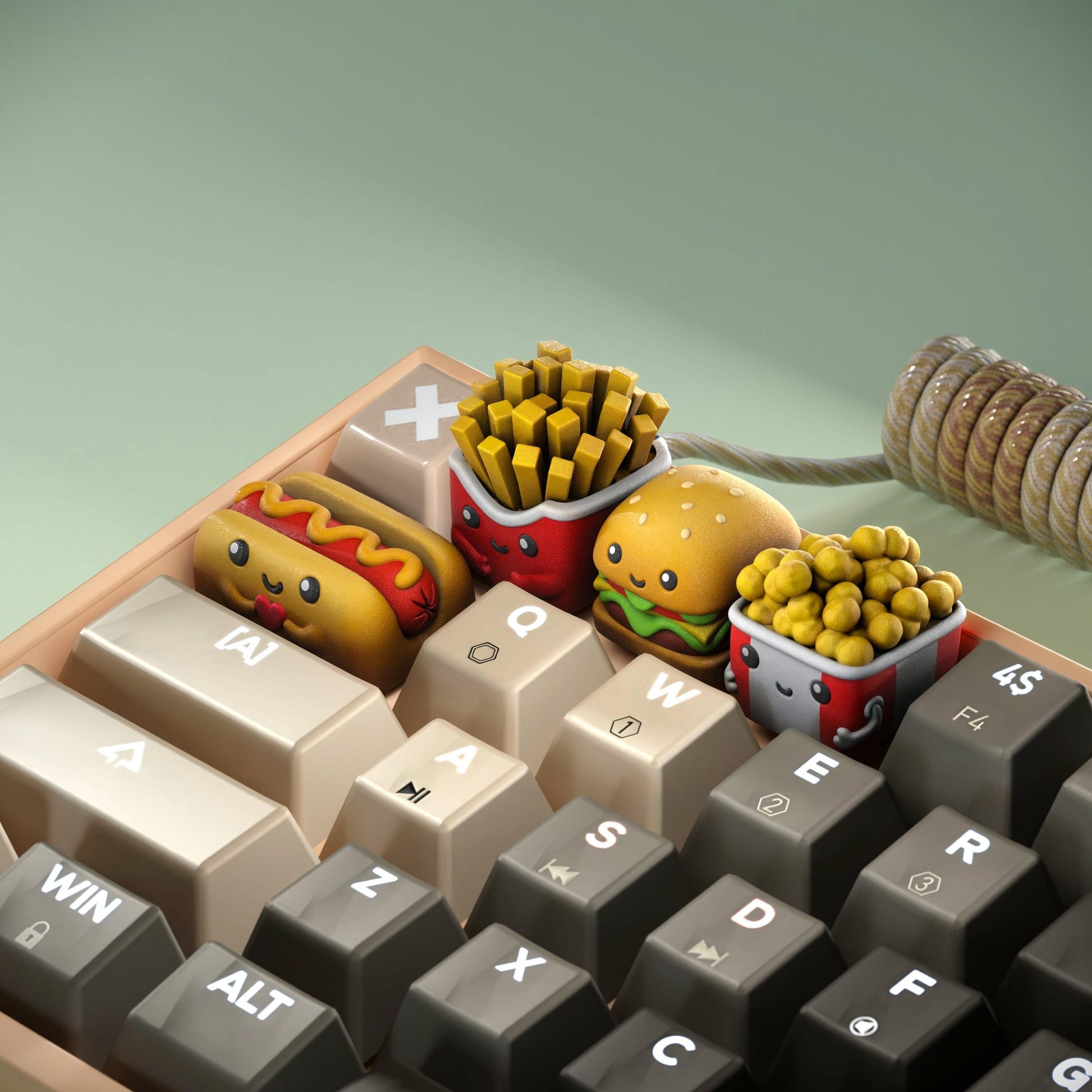 Handmade Cute Fast Food Keycaps, Burger, Fries, Popcorn, Hot Dog Keycaps for Cherry MX - Cute Custom Artisan Gift - Keycap Set for Him & Her