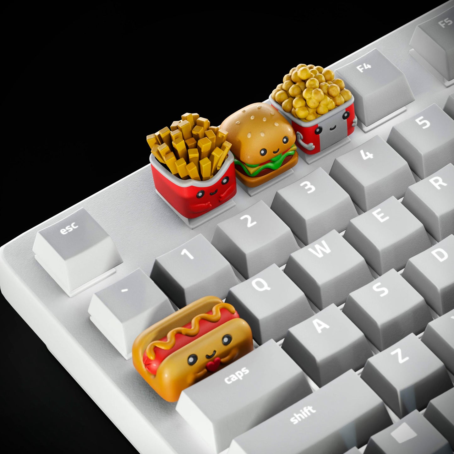 Handmade Cute Fast Food Keycaps, Burger, Fries, Popcorn, Hot Dog Keycaps for Cherry MX - Cute Custom Artisan Gift - Keycap Set for Him & Her