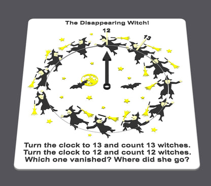 Disappearing Witch Puzzle - Count the Witches! 12 or 13? Fun Family Game with Hidden Objects & Brain Teaser Based on Disappearing Bicyclist