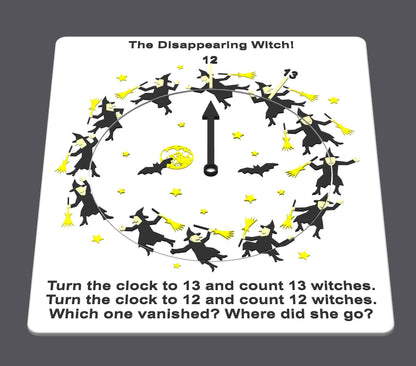 Disappearing Witch Puzzle - Count the Witches! 12 or 13? Fun Family Game with Hidden Objects & Brain Teaser Based on Disappearing Bicyclist